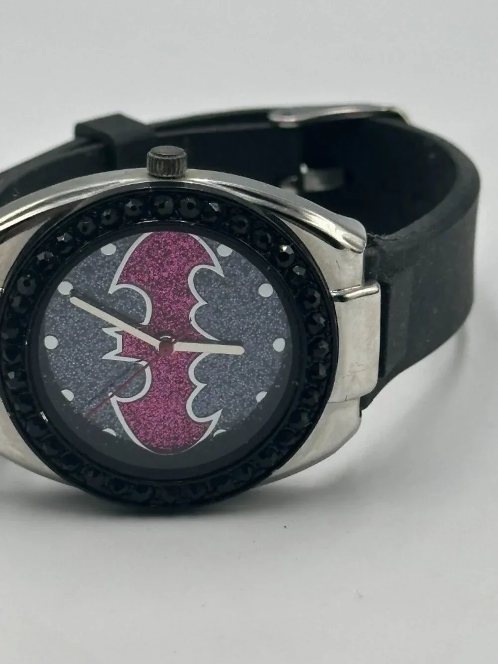 3/$30 Batgirl Pink Emblem Watch Women Silver Tone Black Rhinestone Bezel